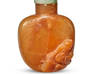 166
A Chinese butterscotch agate snuff bottle
19th/20th century
Depicting a scholar figure in relief, with incised bird motifs
2.5" H
Estimate: $500 - $700