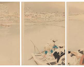 257
Kobayashi Kiyochika
(1847-1915)
"The Second Month: Matsuchiyama in Snow at Dusk," from the True Views of Famous Places in Tokyo" series (triptych), 1896
Each: Woodcut in colors on paper
With the printed signature in black ink in Japanese, a printed red ink chopmark, and other Japanese inscriptions, all on the right sheet: Kobayashi Kiyochika; another printed red ink inscription in Japanese along the left edge of the left sheet; Inoue Kichijiro, pub.
Each Image: 13.75" H x 9.625" W
Estimate: $400 - $600