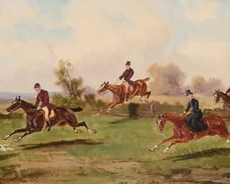 360
Robert Stone
(1820-1870)
Fox hunting scene
Oil on panel
Signed lower right: R. Stone
6.6" H x 12.75" W
Estimate: $600 - $800