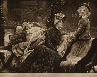 10
Jacques Joseph Tissot
(1836-1902)
"Le Banc de Jardin," 1883
Mezzotint in warm black ink on paper
Edition: From the total edition of approximately 500 impressions in all three states, of which this is a first state (of three), before the addition of the title
As is usual for this state, the impression is unsigned except for the artist's signature in the plate at lower left: J.J. Tissot
15" H x 21" W
Estimate: $500 - $700