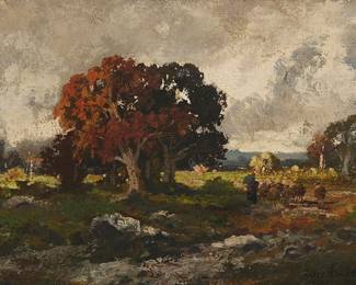 55
Jules Dupré
(1811-1889)
Shepherd with flock of sheep
Oil on cradled board
Signed lower right: Jules Dupre
8" H x 12.5" W
Estimate: $1,000 - $1,500