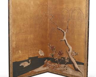 285
A Japanese two-panel byobu screen
Edo Period (1603-1867) or later
The painted and gilt rice paper screen in a wood frame, each panel coming together to depict waterfowl and a tree in a flowery winter landscape, within a painted fabric border
Each panel: 69.25" H x 37.75" W x 0.75" D; Stored: 1.5" D
Estimate: $800 - $1,200