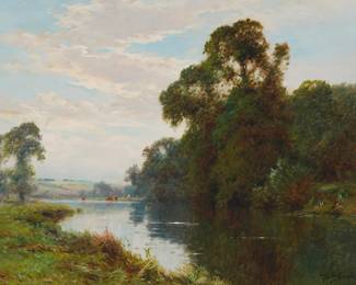 154
Alfred De Breanski, Jr.
(1877-1957)
"A Reach of the Thames near Wallingford"
Oil on canvas
Signed lower right: A de Breanski Jnr; signed again and titled, verso
18" H x 24" W
Estimate: $800 - $1,200