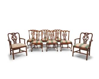 348
A group of Chippendale-style mahogany dining chairs
20th century
Comprising six side chairs with open ribbon-work back and ball and claw front feet, and two associated armchairs with similar openwork to back, each seat with fabric upholstery, one armchair with a variation of fabric from the rest
8 pieces
Each side chair: 38" H x 23" W x 24" D; Each armchair: 37.25" H x 25" W x 24" D
Estimate: $1,000 - $2,000