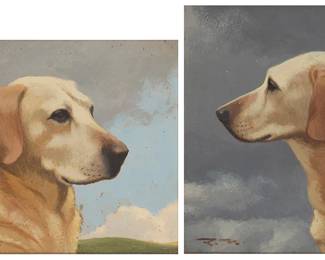 316
Roy Nockolds
(1911-1979)
Two portraits of yellow Labrador Retrievers
Each: Oil on paperboard
Each: Initialed lower left: R.N.
Sight of each: 6" H x 7" W (or reverse)
Estimate: $300 - $500