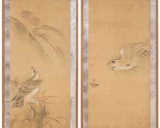 284
Two single screen panels with birds of prey, Japan, Kano school, Edo period or later
Each: Ink, ink wash, and gouache on paper, with a silver-gilt paper border, all mounted to artist's board within a narrow wood frame
Each section with a red ink chopmark in the lower portion of one of the vertical edges of the composition
Image/Sheet of each: 47" H x 20.25" W; Sight of each: 56" H x 23.75" W
Estimate: $600 - $800