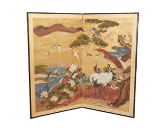 247
A Japanese two-panel byobu screen
Edo Period (1603-1867) or later, Kano School
The painted and gilt rice paper screen in a wood frame, each panel depicting Manchurian cranes and other birds within a riverside landscape, all within a gold-toned fabric border
Each panel: 61.75" H x 35" W x 0.75" D; Stored: 1.5" D
Estimate: $700 - $900