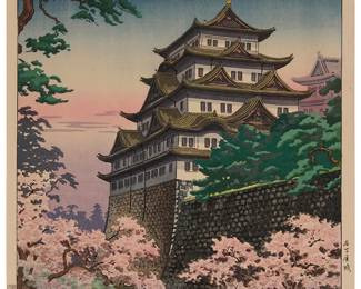 258
Tsushima Koitsu
(1870-1949)
"Nagoya Castle," 1937
Woodcut in colors on laid Japanese paper
From the edition of unknown size and date
With the printed black ink signature and the artist's red ink seal in the image at lower right; with other printed Japanese inscriptions in the left and right margins; Doi, Harda/Yokio, pub.
Image: 15.5" H x 10.25" W; Sheet: 16.5" H x 11" W
Estimate: $600 - $800