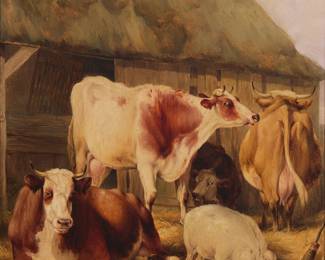 369
19th Century Continental School
Cows and pig in a barnyard, 1839
Oil on canvas
Signed and dated lower left: S. Cooper / 1839
13" H x 11.25" W
Estimate: $500 - $700