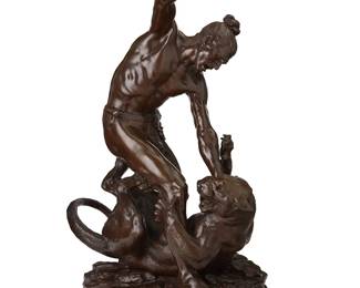 18
After François Auguste-Hippolyte Peyrol
(1856-1929)
"L'homme vainquant la lionne" (Man fighting a cougar)
Patinated bronze
Signed in the casting: H. PEYROL
29.75" H x 17.5" W x 9.75" D
Estimate: $800 - $1,000
