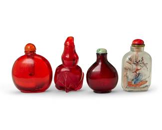 165
Four Chinese snuff bottles
19th/20th century
Comprising an interior-painted glass bottle, a red glass bottle, and two carved amber bottles
4 pieces
Tallest: 3.125" H
Estimate: $400 - $600