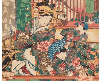 289
Utagawa Kunisada
(1786-1865)
Untitled, from the "Kadoya Ebita Uchi, Minako Ni Sakura" series
Woodcut in colors on laid Japanese paper
From the edition of unknown size and date
With the printed black ink signature, inscriptions, and chopmarks in Japanese, all lower right; with a printed black ink inscription, upper right
Image/Sheet: 14.625" H x 9.875" W
Estimate: $600 - $800