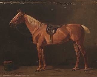 363
Emil Volkers
(1831-1905)
"In the Stable," 1898
Oil on panel
Signed and dated lower left: E. Volkers 1898; titled in ink on a label affixed verso
9.375" H x 12.5" W
Estimate: $1,000 - $1,500