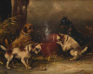 335
Frank Cassell
(1862-1908)
Dogs surrounding a bowl
Oil on canvas laid to waxed canvas
Signed with conjoined initials lower right: FCassell
12" H x 16" W
Estimate: $300 - $500