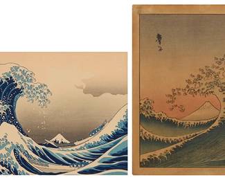 252
Two Japanese woodcuts
Two works
Katsushika Hokusai (1760-1849)
"Under the Wave off Kanagawa" (aka "The Great Wave"), from the "Thirty-six Views of Mount Fuji" series, circa 1830-32
Woodcut in colors on paper
From the edition of unknown size and date
With the signature and other various Japanese characters, printed in blue ink in the image at upper left
Sight: 9.75" H x 14.75" W
Japanese School
Wave with birds and Mount Fuji at sunrise, circa 1930-40s
Woodcut in colors on paper
From the edition of unknown size and date
Presumably with the printed black ink signature in Japanese, in the upper left image
Image: 7.75" H x 6.625" W; Sheet: 8.625" H x 7.375" W
Estimate: $800 - $1,200
