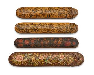 103
A group of Persian polychrome wood and papier-mâché floral pen boxes
Late Qajar Dynasty (1789-1925)
Each decorated with floral motifs and with lacquered finish
5 pieces
Longest: 9.875" L
Estimate: $1,000 - $1,500