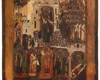 120
A Russian Icon, Mother of God, Pockrov
19th century
With paint and gold leaf on a wood panel depicting the Mother of God with various saints and figures in a town scene; with a painted inscription in Cyrillic along the center of the upper edge
12.5" H x 10.5" W
Estimate: $1,000 - $2,000
