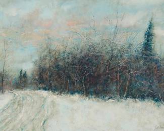 156
Bernard Gantner
(1928-2018)
French winter road
Oil on canvas
Signed lower right: Gantner
20" H x 25.5" W
Estimate: $500 - $700