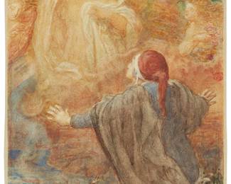 304
Henry John Stock
(1853-1930)
"Dante's Vision," 1923
Watercolor with traces of graphite on wove paper mounted to thin paperboard
Signed and dated lower left: H. J. Stock 1923; titled in pencil in another hand on the verso of the frame; titled again on a gallery label affixed to the frame's hanging wire
Image/Sheet: 14" H x 9" W; Paperboard: 14.5" H x 9.5" W
Estimate: $2,000 - $3,000