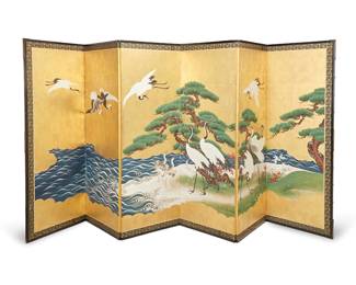 286
A Japanese six-panel byobu screen
Edo Period (1603-1867) or later
The painted and gilt rice paper screen in a wood frame, each panel coming together to depict Manchurian cranes and trees in a seaside landscape, within a gold-toned fabric border
Each panel: 72" H x 25.5" W x 0.75" D; Stored: 4.5" D
Estimate: $1,200 - $1,800