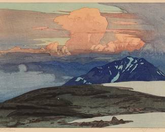 233
Hiroshi Yoshida
(1876-1950)
"Goshikigahara," from the "Twelve Scenes in the Japan Alps" series, 1926
Woodcut in colors on paper
From the edition of unknown size and date
Signed and titled in pencil in the lower margin: Hiroshi Yoshida; with the printed black ink signature and the artist's red ink seal in the image at lower right; with the jizuri ("self printed") stamp as well as other Japanese characters stamped in the left margin
Image: 9.625" H x 14.625" W; Sight: 10.25" H x 15.375" W
Estimate: $600 - $800