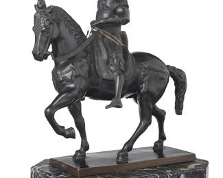 134
A patinated bronze equestrian statue of Bartolomeo Colleoni
After Andrea del Verrocchio (1435-1488), 20th century
Marked to base: Venezia - Monumento Colleoni
Set on a marble plinth
Bronze: 14.75" H x 13.25" W x 6.875" D; Plinth: 1.75" H x 12.875" W x 8.5" D
Estimate: $700 - $900