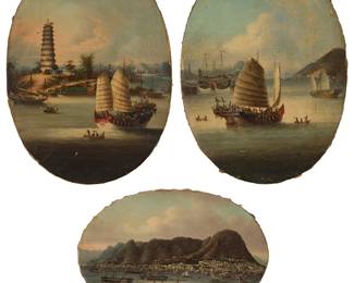 193
Youqua (active 1840-1870) or Studio
Three works:

Hong Kong harbor with boats and a pagoda-type tower
Oil on canvas
A small remnant of the artist's red ink printed paper label affixed to the stretcher, the only printed word from the original label reading "Queens."
17.25" H x 12.75" W (oval)

"Hong Kong"
Oil on canvas
Unsigned; titled in ink, in another hand, on the stretcher
17.25" H x 12.75" W (oval)

"Victoria Peak, Hong Kong"
Oil on canvas
Unsigned; the artist's red ink printed paper label affixed to the stretcher, appearing to read,"[Chinese characters] / Youqua Painter / Old Street No. 34 / Queens Road No. 107;" with the artist's name and the title written in pencil, in another hand, on the stretcher
9.75" H x 14.5" W (oval)
Estimate: $1,000 - $2,000