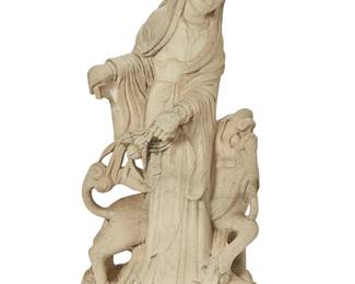 187
A Chinese carved stone figure of Guanyin
20th century
Depicted adorned with flowing robes and holding a branch with peaches, joined by a guardian lion figure
40.25" H x 20" W x 12.5" D
Estimate: $500 - $700
