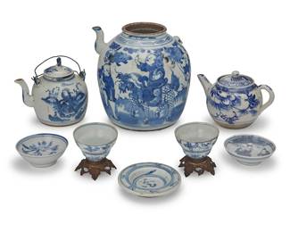 80
A group of East Asian blue and white porcelain tea wares
Late Qing Dynasty (1644-1912)
The assembled group comprising predominantly East Asian porcelains including three teapots, two cups mounted on gilt-metal stands, and three bowls/saucers
8 pieces
Largest teapot: 6.875" H x 7.125" W x 7" D; Each cup: 2.75" H x 2.75" Dia.
Estimate: $500 - $700