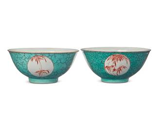85
A pair of Chinese polychrome enamel porcelain bowls
Late Qing Dynasty (1644-1912)
Each bearing an unknown mark in blue underglaze
With turquoise exterior glaze and bamboo leaves in friezes
2 pieces
Each: 3.125" H x 6.875" Dia.
Estimate: $500 - $700