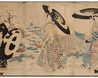 298
20th Century Japanese Woodcut in colors
Triptych of Bijin-ga (Beautiful Women)
Each: Woodcut in colors on Japanese paper laid to paperboard
Each: From the edition of unknown size and date
With the printed black ink signature and various Japanese characters in the lower corners of each image
Overall Image/Sheet: 15.125" H x 30.5" W
Estimate: $150 - $250