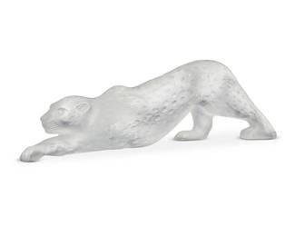 40
A Lalique glass 'Zeila Panther' figure
Late 20th century
Designed 1989 by Marie-Claude Lalique (1935-2003)
With etched script mark: Lalique ® / France; with applied Lalique factory stickers: Lalique / Made in France / 11652
The frosted molded glass panther figure depicted in a stalking position
4.375" H x 14.75" W x 2.875" D
Estimate: $600 - $800