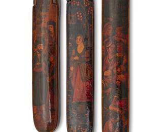 95
Three Persian polychrome wood and papier-mâché figural pen boxes
Late Qajar Dynasty (1789-1925)
Each decorated with various figures and with lacquered finish
3 pieces
Longest: 9.5" L
Estimate: $1,000 - $1,500
