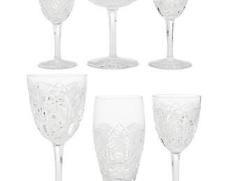 22
A Baccarat glass 'Lagny' stemware service
20th century
Each with Baccarat stenciled factory marks
Comprising 12 tall water goblets (7.75"), 11 water glasses (6.5"), 12 champagne coupes (5.25"), 14 white wine goblets (6.5"), 15 sherry goblets (5.125"), and 1 port wine goblet (5.75")
65 pieces
Estimate: $700 - $900