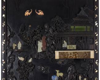 208
A Chinese hardstone-mounted and carved wood panel
18th/19th century elements
Mounted with carved wood, bone, and various hardstones, depicting a mountainous landscape with trees, animals, and figures within a mother of pearl-inlaid frame
Without metal brackets: 35.5" H x 30.75" W x 1.5" D
Estimate: $2,000 - $3,000
