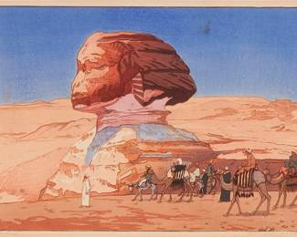 230
Hiroshi Yoshida
(1876-1950)
"Sphinx," 1925
Woodcut in colors on paper
From the edition of unknown size and date
Signed and titled in pencil in the lower margin: Hiroshi Yoshida; with the printed black ink signature and the artist's red ink seal in the image at lower right; with the jizuri ("self printed") stamp as well as other Japanese characters stamped in the left margin; titled alternatively "Sphinx - Day" and dated in ink, all in another hand, on a label affixed to the frame's backing paper
Image: 9.875" H x 14.625" W; Sight: 10.375" H x 15.25" W
Estimate: $500 - $700