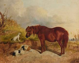 368
James Thomas Wheeler
(1849-1888)
Horse with dogs
Oil on academy board
With the incised signature and indistinct inscription lower left: James T. Wheeler
19" H x 21.75" W
Estimate: $600 - $800