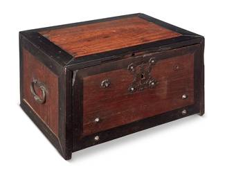 137
A Continental partial ebonized walnut tabletop cabinet
18th century
Possibly Flemish, the cabinet with iron hardware and opposed handles and locking drop front, revealing a central locking drawer flanked by four more drawers and a long drawer below
8.25" H x 14" W x 10.5" D
Estimate: $400 - $600