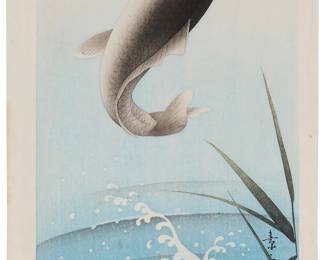 251
Komori Soseki
(late 19th century)
"Leaping Carp," 1929
Woodcut in colors on laid Japanese paper backed with thinner Japanese paper
From the edition of unknown size and date; lifetime printing
With the printed black ink signature in Japanese and red ink chopmark in the image at lower right; with other printed inscriptions in Japanese near the lower left margin corner; Kawaguchi and Sakai, pub.
Image: 13.625" H x 7.875" W; Sheet: 15.875" H x 8.75" W
Estimate: $300 - $500