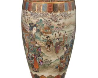 244
A Japanese Satsuma pottery vase
20th century
Bearing gilt inscription to underside
The vase with painted and gilt scenes of courtly figures and musicians
6" H x 3.375" Dia.
Estimate: $600 - $800