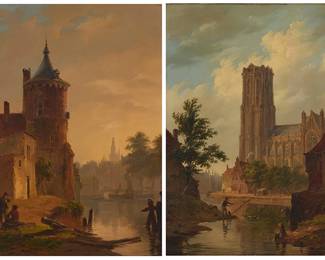 52
Bartholomeus Johannes van Hove
(1790-1880)
Two Dutch architectural views, 1832
Each: Oil on panel
Each: Signed and dated along the lower left or lower right corner: B.J. van Hove / 1832
Each: 11" H x 9" W
Estimate: $2,000 - $3,000