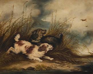336
George Armfield
(1810-1893)
Spaniels hunting a pheasant
Oil on canvas
Signed lower center: G. Armfield
12.25" H x 16" W
Estimate: $700 - $900