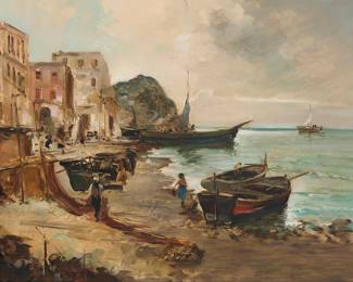 157
Eugenio Gignous
(1850-1906)
View of an Italian port city, likely Capri
Oil on canvas
Signed lower left: E. Gignous
23.375" H x 31.5" W
Estimate: $2,000 - $3,000