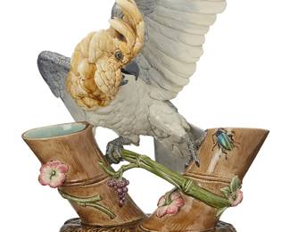 16
A Choisy-le-Roi majolica cockatoo & beetle double vase
Late 19th century, designed by Paul Comolera (1813-1890)
Black printed factory signature, entwined HB mark for H. Boulanger & Cie above: France; impressed: 879 K11 U; incised: COMOLERA
19.5" H x 17.5" W x 13" D
Estimate: $600 - $800