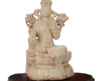 183
A Chinese carved alabaster Bodhisattva figure
Late Qing Dynasty (1644-1912) or later
Depicted with hands in vitarka mudra, seated on a double lotus pedestal, set on a wood stand
Alabaster: 19.25" H x 12" W x 6.75" D; Stand: 1.625" H x 20.75" W x 8.5" D
Estimate: $500 - $800