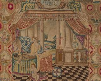 343
A Baroque 'Vanitas' needlework panel
18th century, likely English
The rectangular petit point fine needlework panel worked in silk, wool and metallic threads, with a cartouche inscribed "VANITAS VANITATUM ET OMNIA VANITAS" ["vanity of vanities, and all is vanity"] surmounting an interior with a seated beauty attended by putti, with a crown and a fallen orb at her feet on a checkerboard floor, all surrounded by multiple figural and landscape vignettes, mounted to a stretcher and framed
Sight: 38" H x 27.5" W
Estimate: $1,000 - $1,500