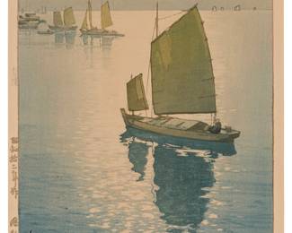 272
Hiroshi Yoshida
(1876-1950)
"Fusei," 1937
Woodcut in colors on paper
From the edition of unknown size and date
Signed and titled in pencil in the lower margin: Hiroshi Yoshida; with the printed black ink signature and the artist's red ink seal in the image at lower left; with the jizuri ("self printed") stamp as well as other Japanese characters stamped in the left margin; an unidentified blindstamp in the lower right margin corner
Image: 12" H x 9" W; Sheet: 15.75" H x 10.75" W
Estimate: $1,500 - $2,500
