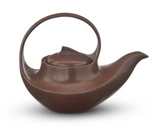 82
A Chinese Yixing 'Qu' pottery teapot and cover
Late 20th/early 21st century
Designed by Wang Yinxian (1943-2018) and Zhang Shouzhi (1932-2020)
Bearing impressed seals and paper labels
6.5" H x 8.5" W x 5.75" D
Estimate: $500 - $700