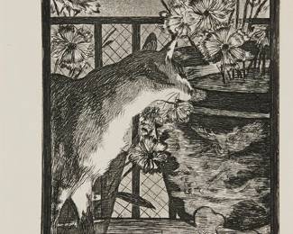 12
After Edouard Manet
(1832-1883)
"Cat and Flowers," from the "Les Chats" series, 1869
Etching and aquatint on wove paper, watermark Rives
From the edition of unknown size
Signed in the plate, just below the image, at left: Manet
Image: 6.625" H x 5" W; Plate: 7.75" H x 6" W; Sheet: 12.75" H x 9.875" W
Estimate: $300 - $500