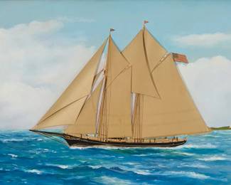 152
Thomas Willis
(1850-1925)
Sailing ship at sea, 1907
Oil on canvas with applied silk, velvet, and needlework
Signed and dated lower right: T. Willis / 1907; signed again and indistinctly inscribed with ship's name in pencil on the stretcher bars
18" H x 26" W
Estimate: $1,000 - $1,500